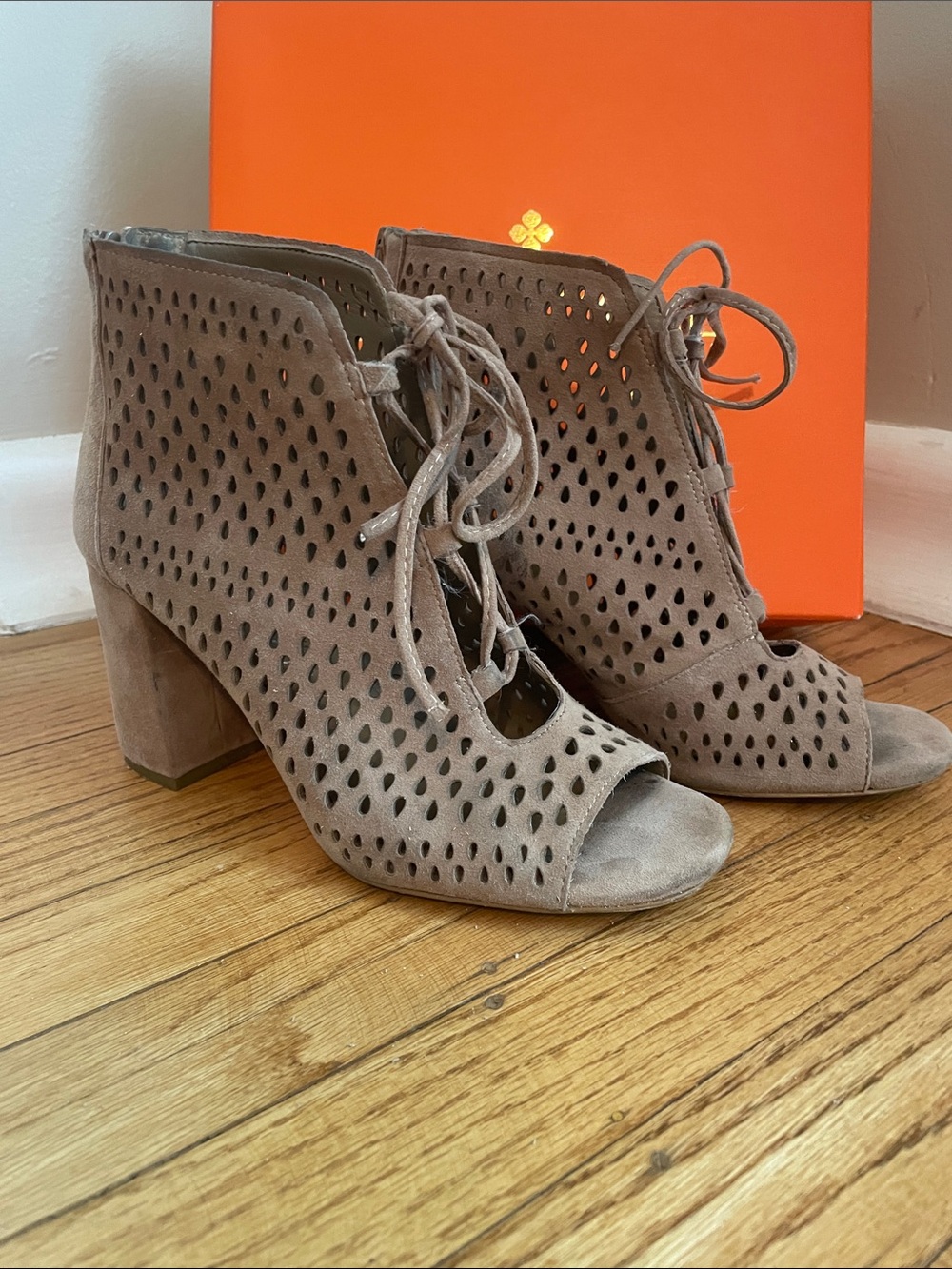 Arturo Chiang Taupe Suede Laser-Cut Peep-Toe Lace-Up Booties